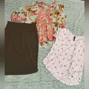3 piece women’s outfit bundle Floral Blouse and Palm Print Top with olive Skirt